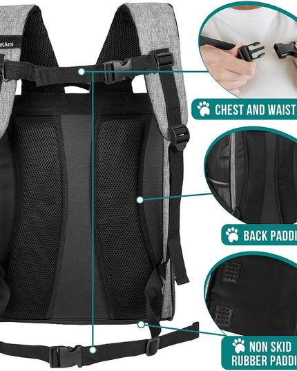 Dog Backpack Carrier for Small Medium Dogs Large Cats up to 18 Lbs, 2 Side Entry, Structured No-Collapse Frame, Airline Approved Ventilated Pet Backpack for Hiking Camping Travel, Grey