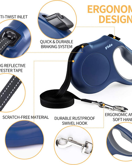 Retractable Dog Leash with Dispenser and Poop Bags, 16 Ft Pet Walking Leash for Large Dog up to 110 Lbs, Anti-Slip Handle, Tangle-Free, Reflective Nylon Tape (L, Navy Blue)