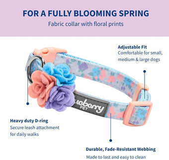Cute Floral Print Adjustable Dog Collar in Lavender with Detachable Flower Accessory, X-Small, Neck 7.5"-10" for Female Dogs