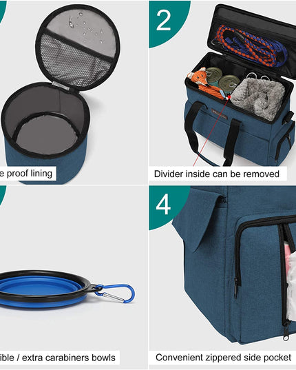 Dog Travel Bag, Weekend Pet Travel Set for Dog and Cat, Airline Approved Tote Organizer with Multi-Function Pockets, 2 Food Storage Containers, 2 Collapsible Bowls, 1 Feeding Mat (Blue)