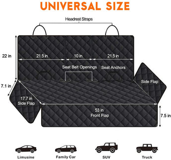 Dog Car Seat Cover, Back Seat Cover for Dogs Pet Car Seat Protector Waterproof Rear Seat Cover Durable Car Seat Cover, Fits Middle Armrest for Most Cars Suvs Trucks (53” Width)- Black
