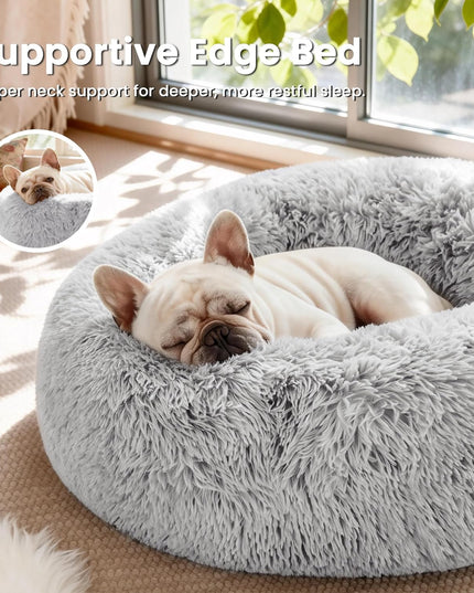 Calming Cat Bed for Indoor Cats, Anti-Anxiety Donut round Dog Bed, Fluffy Faux Fur Washable Pet Bed for Small Medium Dogs and Cats, Grey, 20In