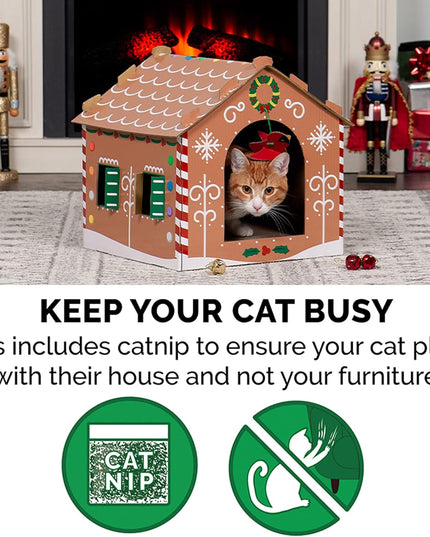 Cardboard Cat House W/ Catnip for Indoor Cats, Ft. Scratching Pad & Hanging Toys - Decorated Gingerbread House Holiday Cat Scratcher Hideout - Christmas Print, One Size