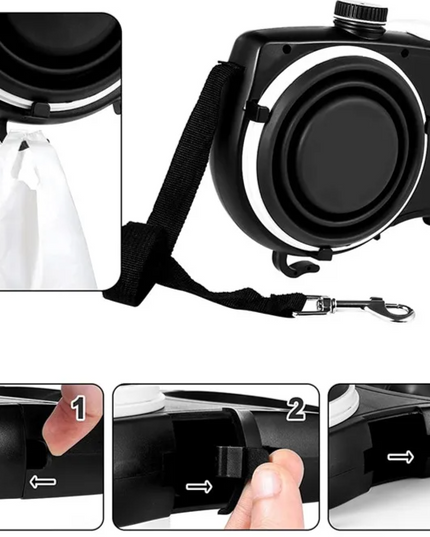 All-in-One Pet Walking Leash with Built-In Water Bottle, Bowl, and Waste Bag Holder
