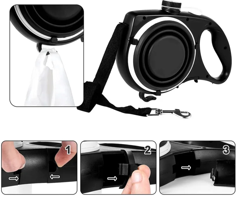 All-in-One Pet Walking Leash with Built-In Water Bottle, Bowl, and Waste Bag Holder