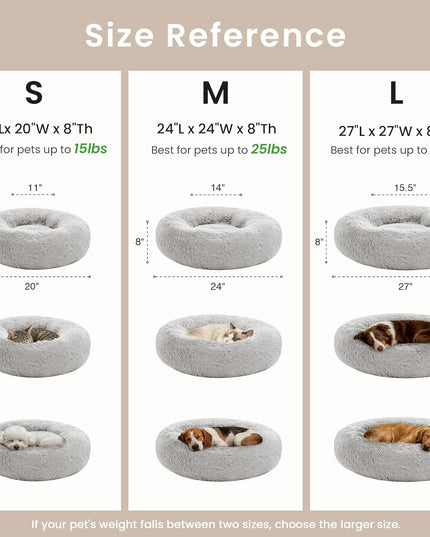 Calming Cat Bed for Indoor Cats, Anti-Anxiety Donut round Dog Bed, Fluffy Faux Fur Washable Pet Bed for Small Medium Dogs and Cats, Grey, 20In