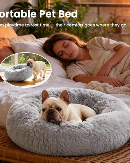 Calming Cat Bed for Indoor Cats, Anti-Anxiety Donut round Dog Bed, Fluffy Faux Fur Washable Pet Bed for Small Medium Dogs and Cats, Grey, 20In