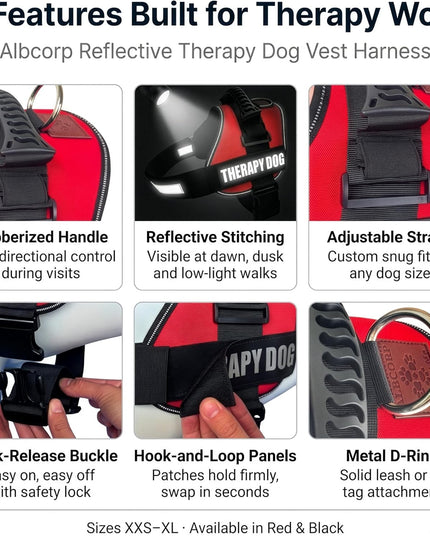 Reflective Therapy Dog Vest Harness with 2 Removable Patches, Adjustable Woven Nylon, for Therapy Visits and Volunteer Programs, Red, Extra Small