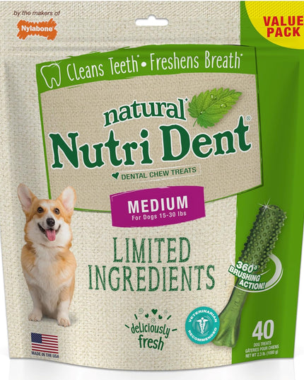 Nutri Dent Dog Dental Treats - Natural Dog Teeth Cleaning & Breath Freshener - Dental Treats for Dogs - Fresh Breath Flavor, Medium (40 Count)