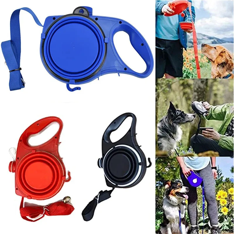 All-in-One Pet Walking Leash with Built-In Water Bottle, Bowl, and Waste Bag Holder