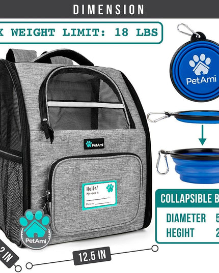 Dog Backpack Carrier for Small Medium Dogs Large Cats up to 18 Lbs, 2 Side Entry, Structured No-Collapse Frame, Airline Approved Ventilated Pet Backpack for Hiking Camping Travel, Grey