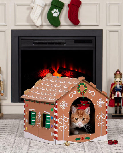Cardboard Cat House W/ Catnip for Indoor Cats, Ft. Scratching Pad & Hanging Toys - Decorated Gingerbread House Holiday Cat Scratcher Hideout - Christmas Print, One Size