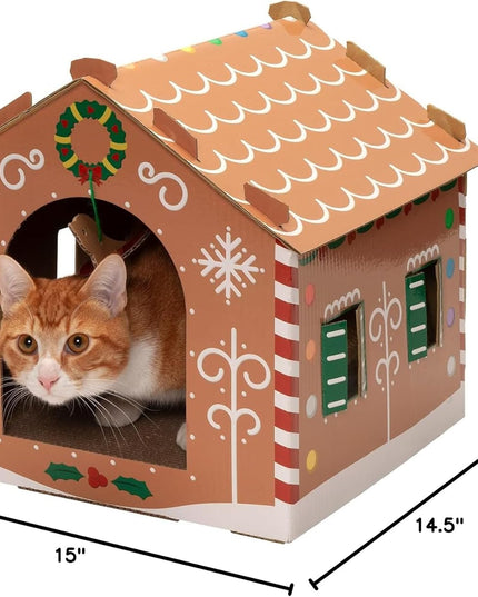 Cardboard Cat House W/ Catnip for Indoor Cats, Ft. Scratching Pad & Hanging Toys - Decorated Gingerbread House Holiday Cat Scratcher Hideout - Christmas Print, One Size