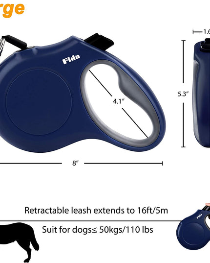 Retractable Dog Leash with Dispenser and Poop Bags, 16 Ft Pet Walking Leash for Large Dog up to 110 Lbs, Anti-Slip Handle, Tangle-Free, Reflective Nylon Tape (L, Navy Blue)