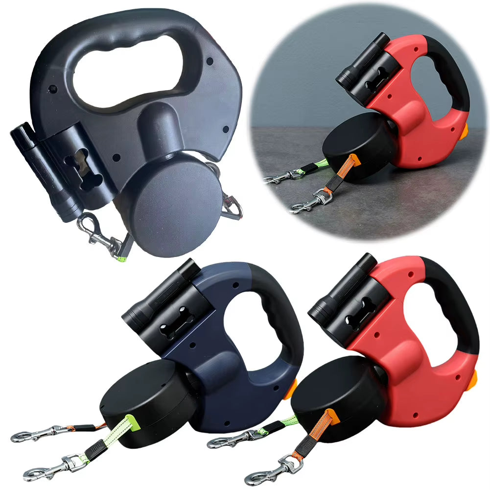 Double Headed Dog Leash Traction Rope with LED Light Dog Walking Leash Retractable Dog Leash for Small Medium Dogs