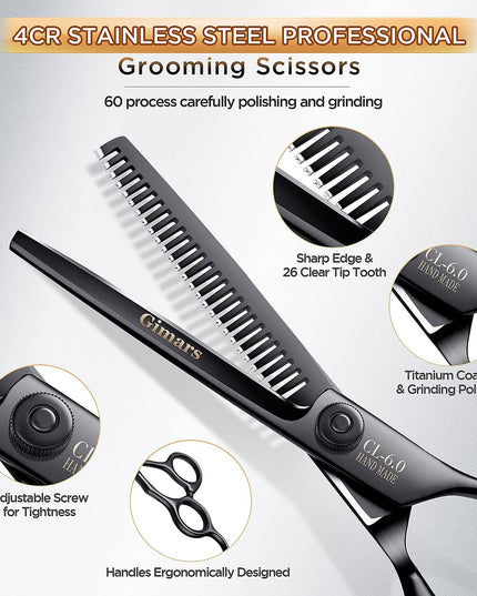 7Inch Professional 4CR Stainless Steel 6 in 1 Grooming Scissors for Dogs with Safety round Tip, Heavy Duty Titanium Coated Pet Grooming Scissor for Dogs, Cats and Other Animals