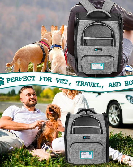 Dog Backpack Carrier for Small Medium Dogs Large Cats up to 18 Lbs, 2 Side Entry, Structured No-Collapse Frame, Airline Approved Ventilated Pet Backpack for Hiking Camping Travel, Grey