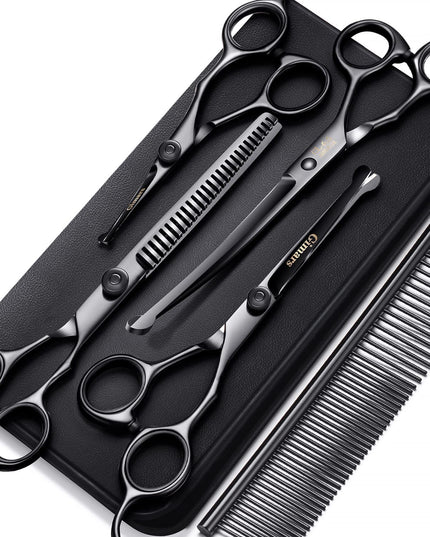 7Inch Professional 4CR Stainless Steel 6 in 1 Grooming Scissors for Dogs with Safety round Tip, Heavy Duty Titanium Coated Pet Grooming Scissor for Dogs, Cats and Other Animals
