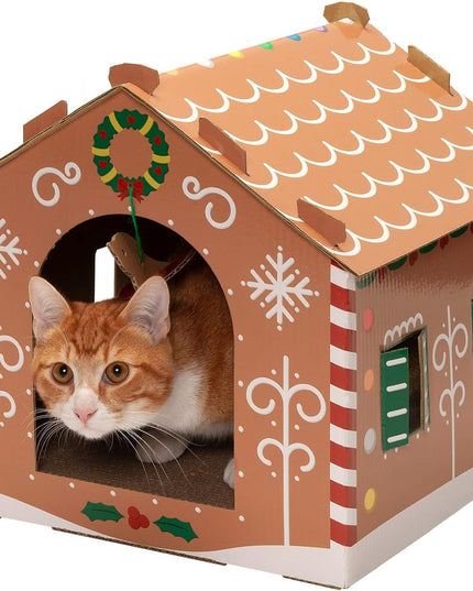 Cardboard Cat House W/ Catnip for Indoor Cats, Ft. Scratching Pad & Hanging Toys - Decorated Gingerbread House Holiday Cat Scratcher Hideout - Christmas Print, One Size