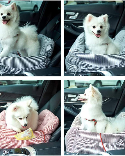 Dog Car Seat Pet Booster Seat Pet Travel Safety Dog Bed for Car with Storage Pocket (Coffee Stripe)