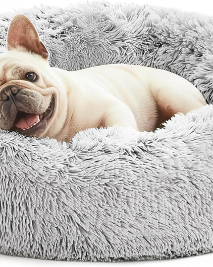 Calming Cat Bed for Indoor Cats, Anti-Anxiety Donut round Dog Bed, Fluffy Faux Fur Washable Pet Bed for Small Medium Dogs and Cats, Grey, 20In