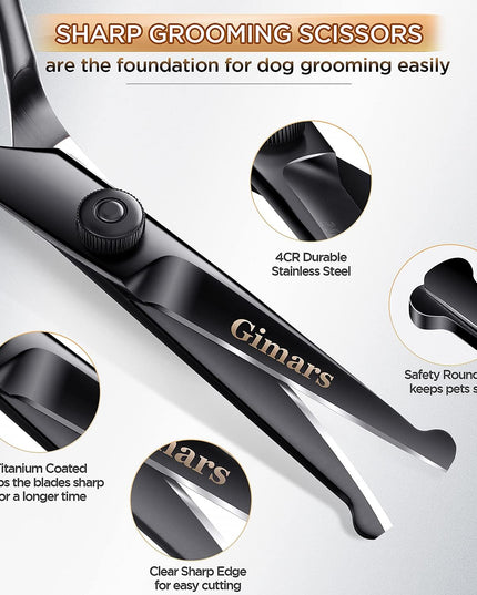7Inch Professional 4CR Stainless Steel 6 in 1 Grooming Scissors for Dogs with Safety round Tip, Heavy Duty Titanium Coated Pet Grooming Scissor for Dogs, Cats and Other Animals