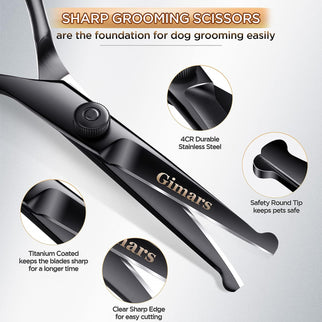 7Inch Professional 4CR Stainless Steel 6 in 1 Grooming Scissors for Dogs with Safety round Tip, Heavy Duty Titanium Coated Pet Grooming Scissor for Dogs, Cats and Other Animals
