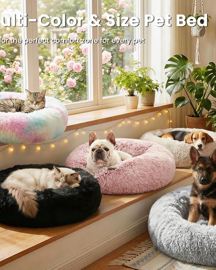 Calming Cat Bed for Indoor Cats, Anti-Anxiety Donut round Dog Bed, Fluffy Faux Fur Washable Pet Bed for Small Medium Dogs and Cats, Grey, 20In