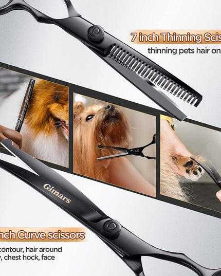 7Inch Professional 4CR Stainless Steel 6 in 1 Grooming Scissors for Dogs with Safety round Tip, Heavy Duty Titanium Coated Pet Grooming Scissor for Dogs, Cats and Other Animals