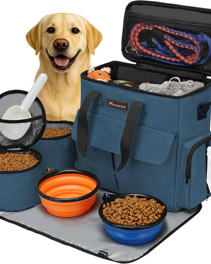 Dog Travel Bag, Weekend Pet Travel Set for Dog and Cat, Airline Approved Tote Organizer with Multi-Function Pockets, 2 Food Storage Containers, 2 Collapsible Bowls, 1 Feeding Mat (Blue)