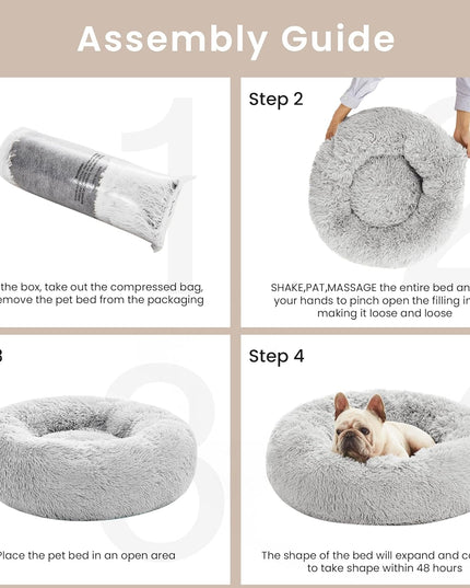 Calming Cat Bed for Indoor Cats, Anti-Anxiety Donut round Dog Bed, Fluffy Faux Fur Washable Pet Bed for Small Medium Dogs and Cats, Grey, 20In