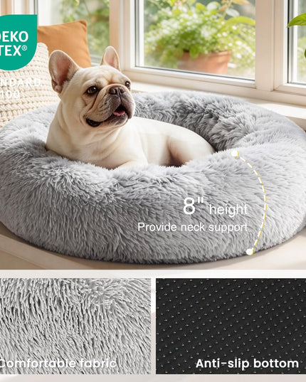 Calming Cat Bed for Indoor Cats, Anti-Anxiety Donut round Dog Bed, Fluffy Faux Fur Washable Pet Bed for Small Medium Dogs and Cats, Grey, 20In